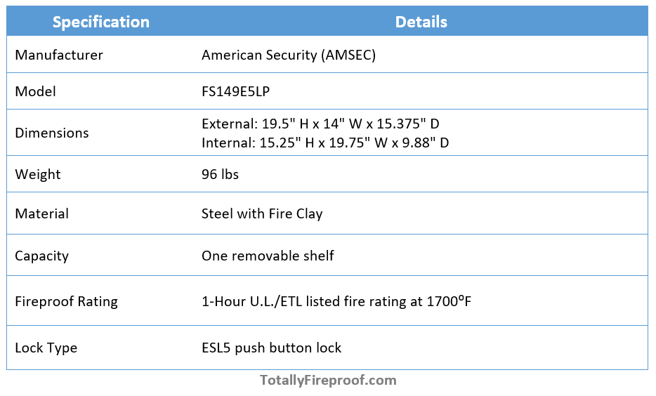 American Security (AMSEC) FS149E5LP Safe Key Specs